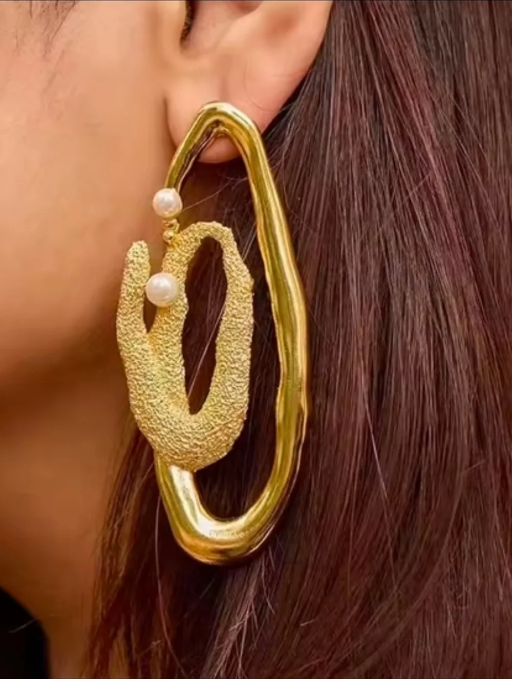 Gold tone Textured Loop Earrings with Pearl Accents